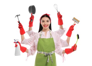 Multitask housewife with many hands holding different stuff on white background