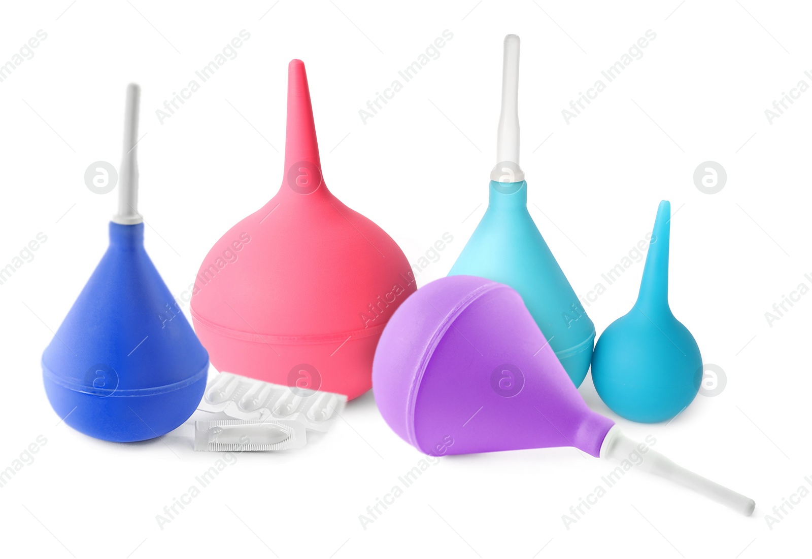 Image of Set with different enemas on white background 