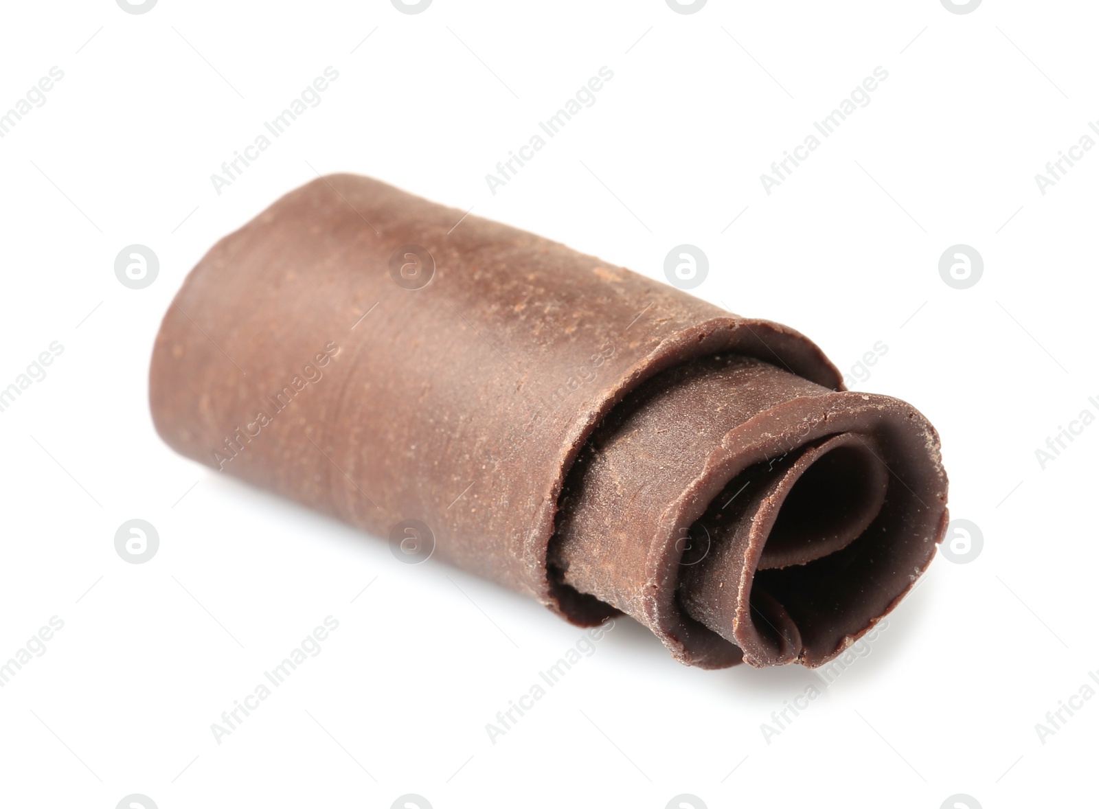 Photo of Yummy chocolate curl for decor on white background