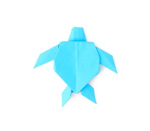 Origami art. Handmade light blue paper turtle on white background, top view