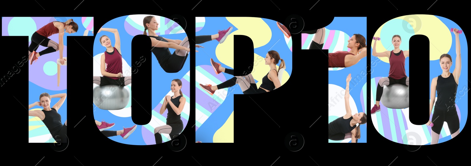 Image of Top ten list of home fitness exercises on color background. Young sporty woman in different poses