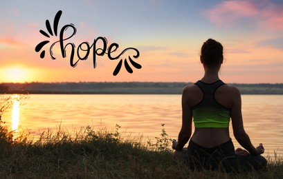 Image of Concept of hope. Woman meditating near sea at sunset, back view