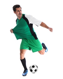 Photo of Young man playing football on white background