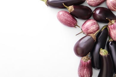 Raw ripe eggplants on white background, flat lay. Space for text