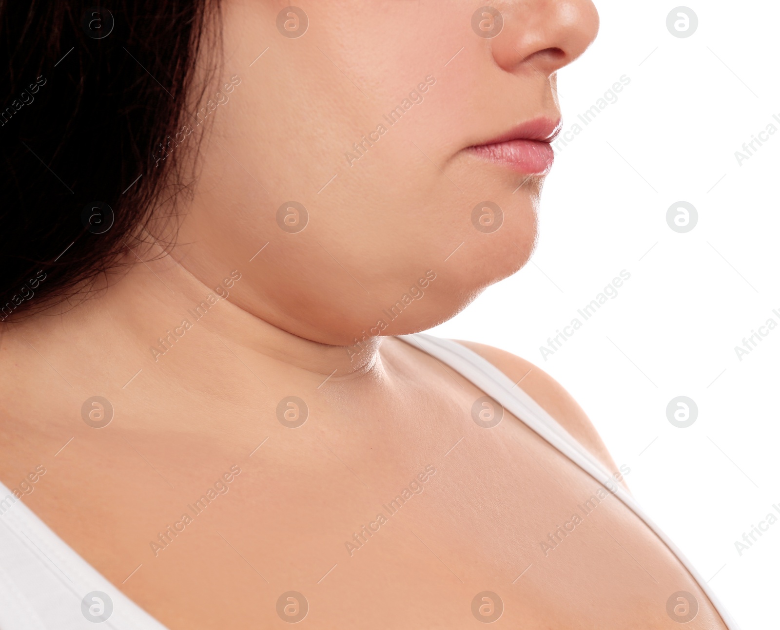 Photo of Woman with double chin on white background, closeup