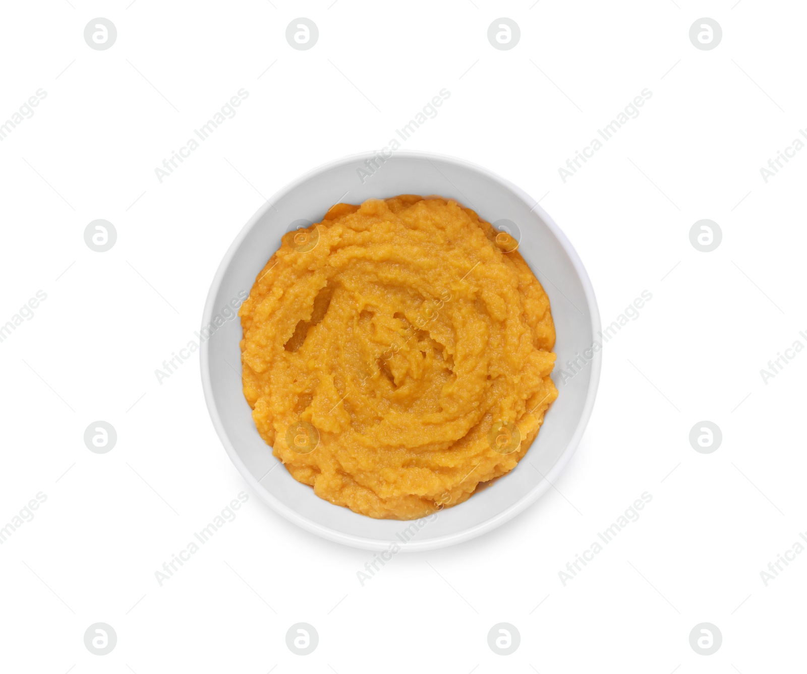 Photo of Bowl with healthy baby food isolated on white, top view