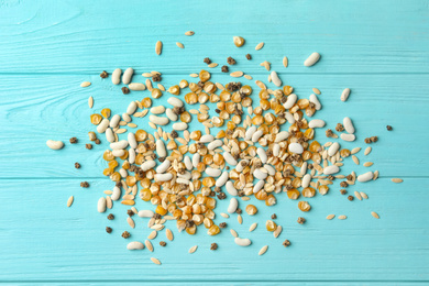 Photo of Mixed vegetable seeds on light blue wooden background, flat lay