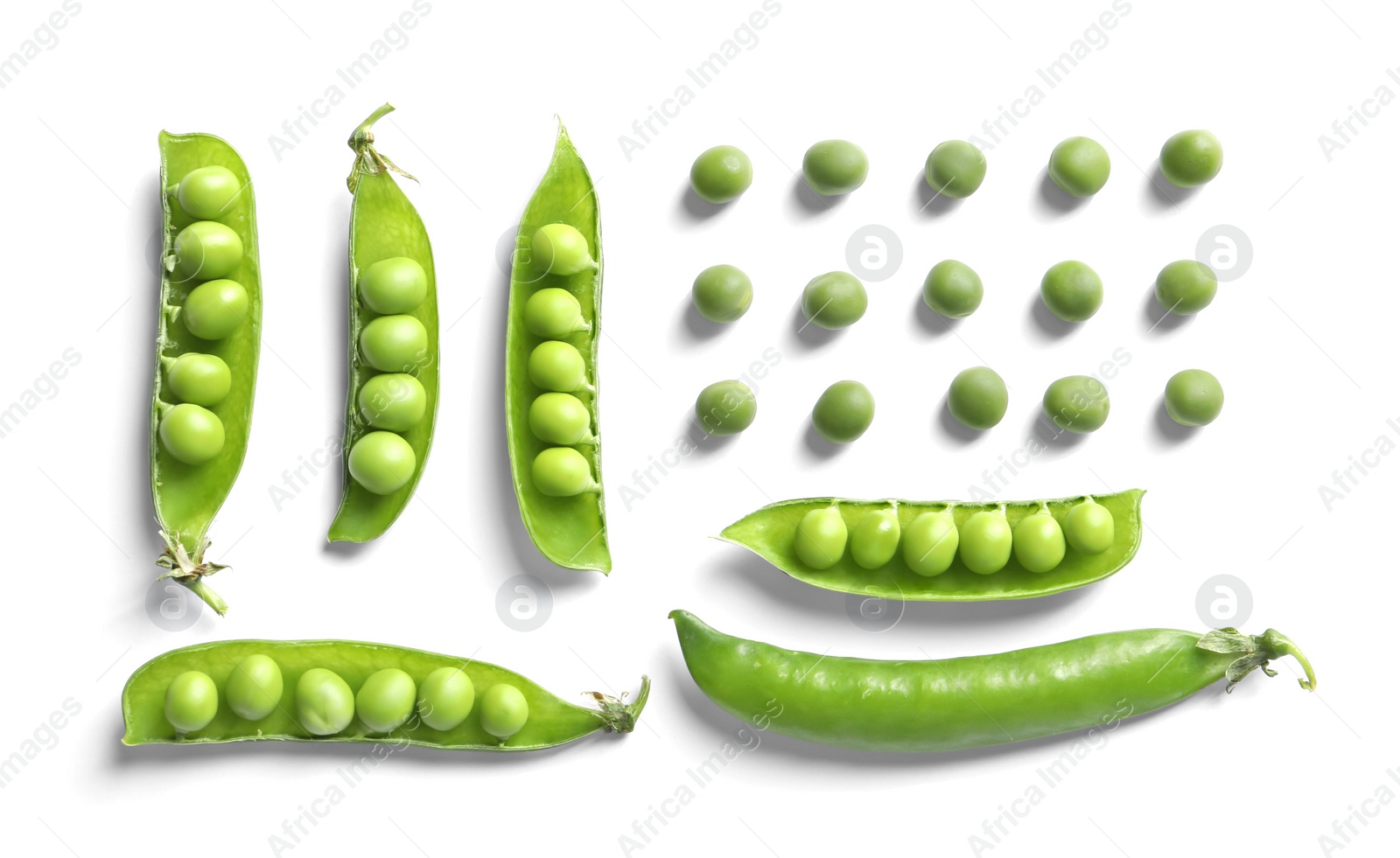 Photo of Flat lay composition with delicious fresh green peas on white background