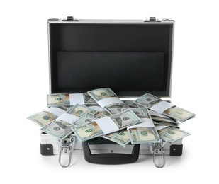 Photo of Open hard case full of money on white background