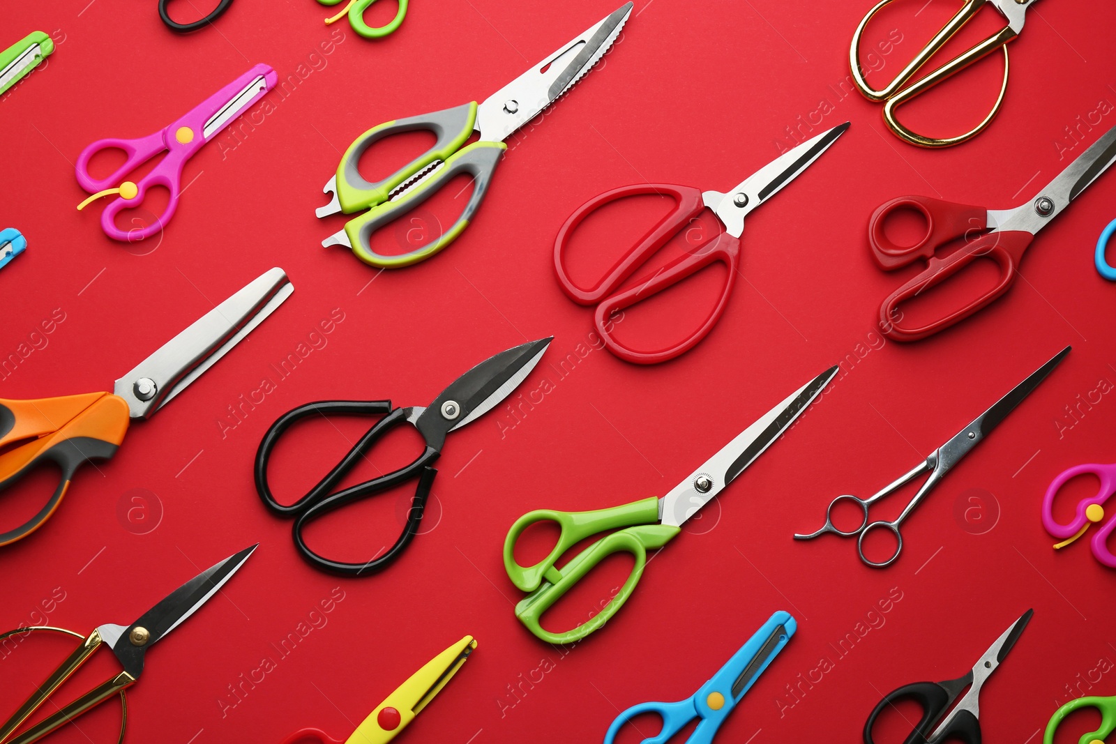 Photo of Set of different scissors on color background, flat lay