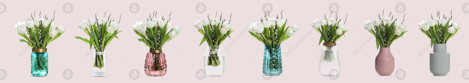 Image of Collage of stylish vases with beautiful bouquet on light background. Banner design