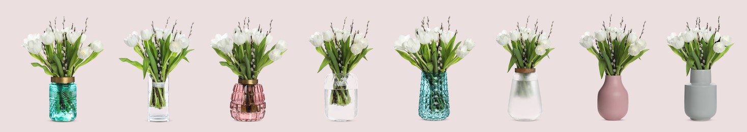 Collage of stylish vases with beautiful bouquet on light background. Banner design