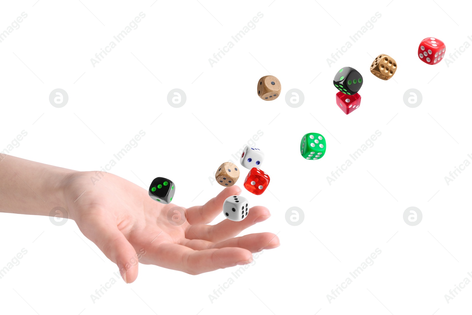 Image of Woman throwing many dice on white background, closeup