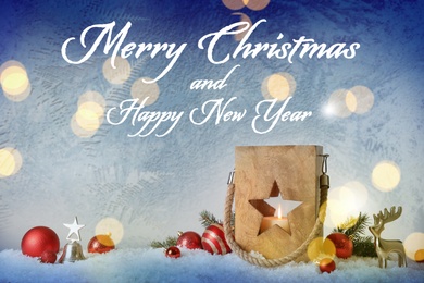 Image of Merry Christmas and Happy New Year. Composition with wooden lantern on snow