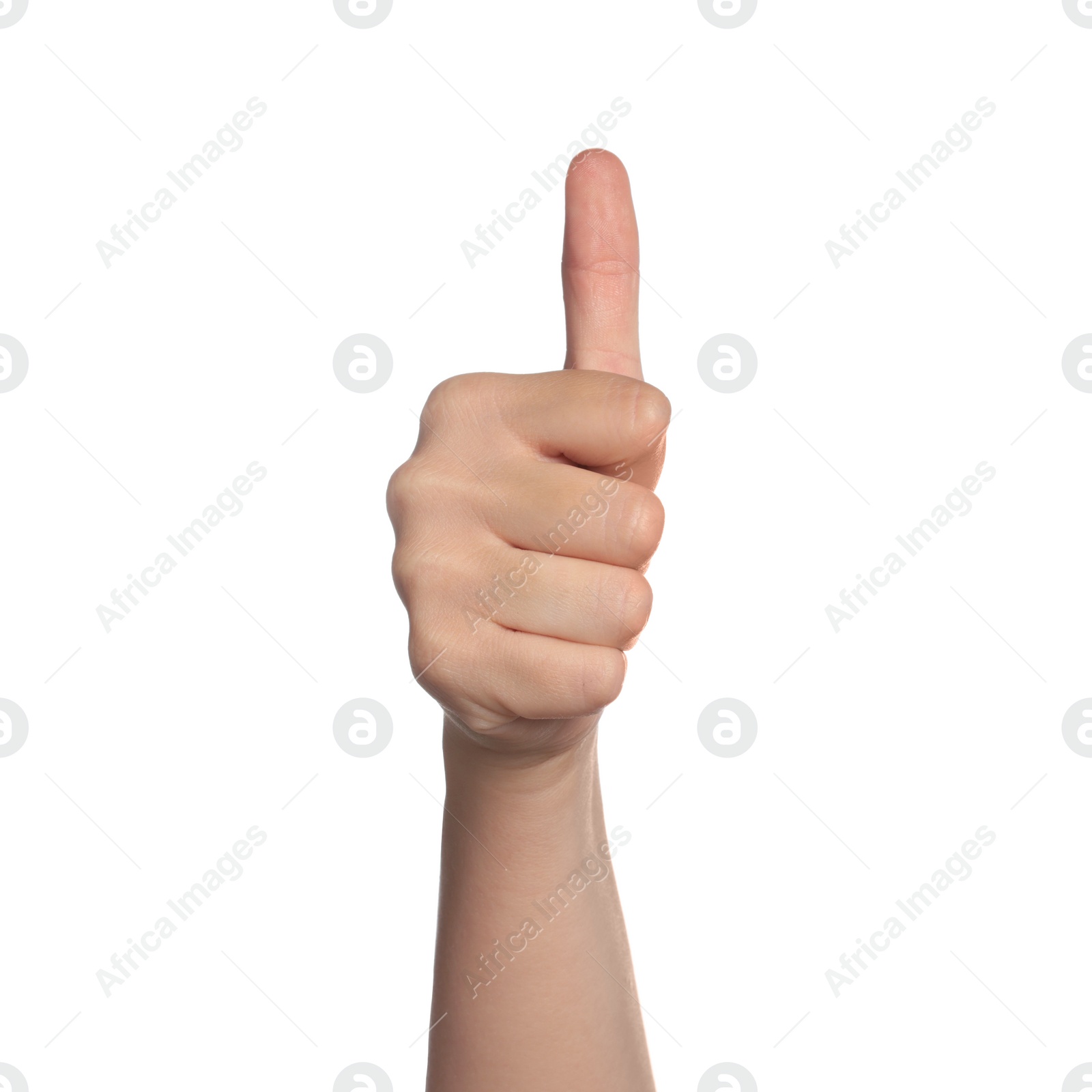 Photo of Woman showing thumb up on white background, closeup