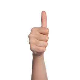 Photo of Woman showing thumb up on white background, closeup