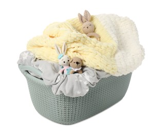 Photo of Laundry basket with baby clothes and toys isolated on white