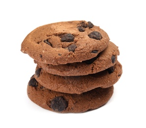 Delicious chocolate chip cookies on white background