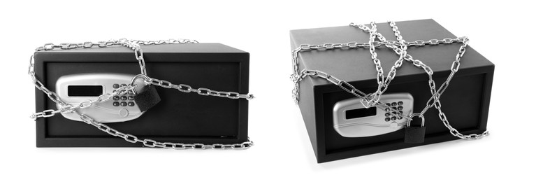 Image of Black steel safe with chains and lock on white background, view from different sides