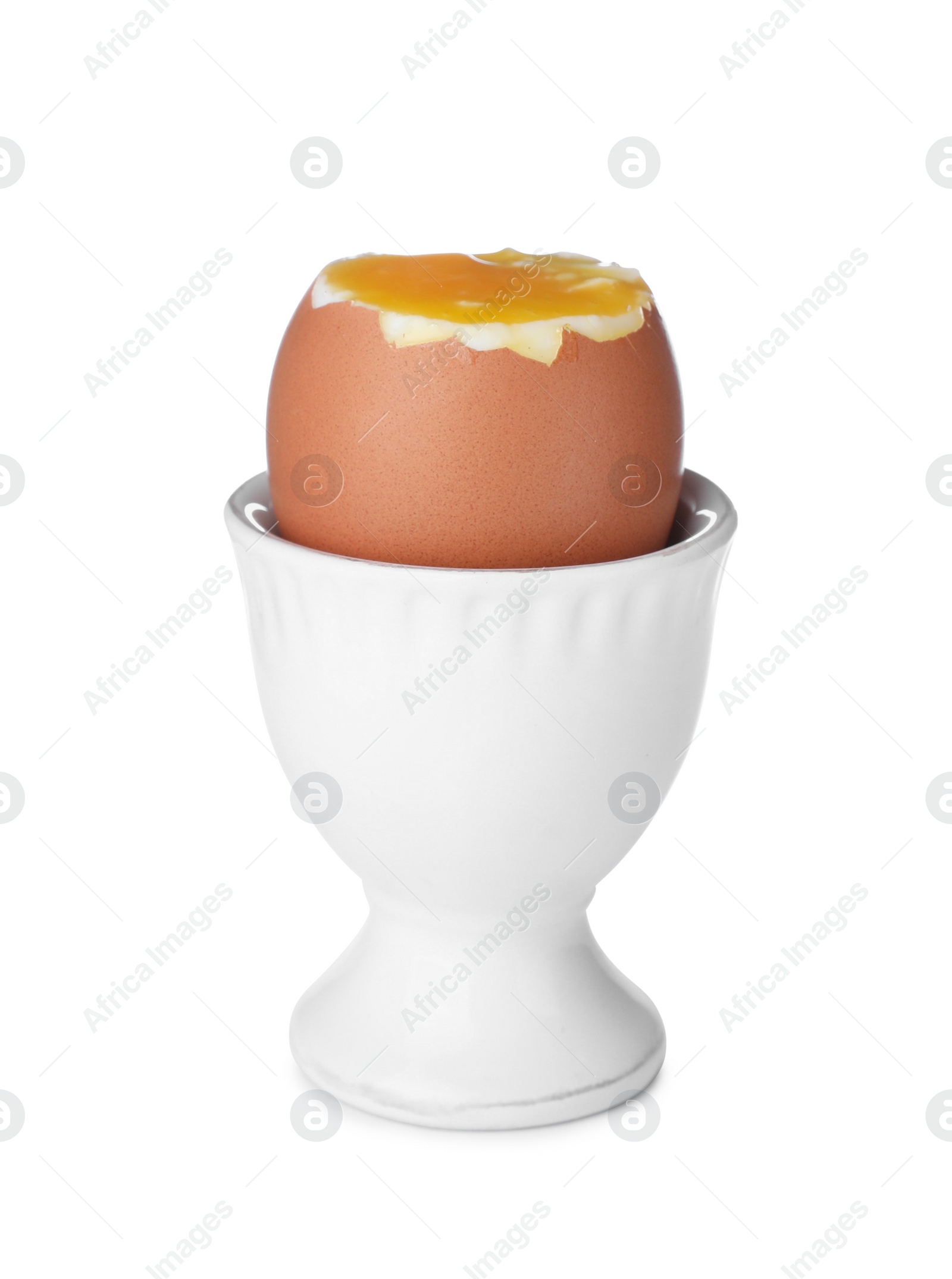 Photo of Cup with fresh soft boiled egg isolated on white