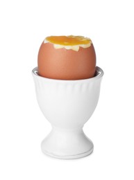 Photo of Cup with fresh soft boiled egg isolated on white