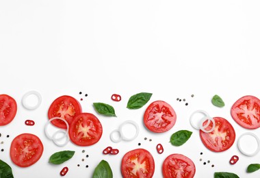 Composition with fresh green basil leaves on white background, top view