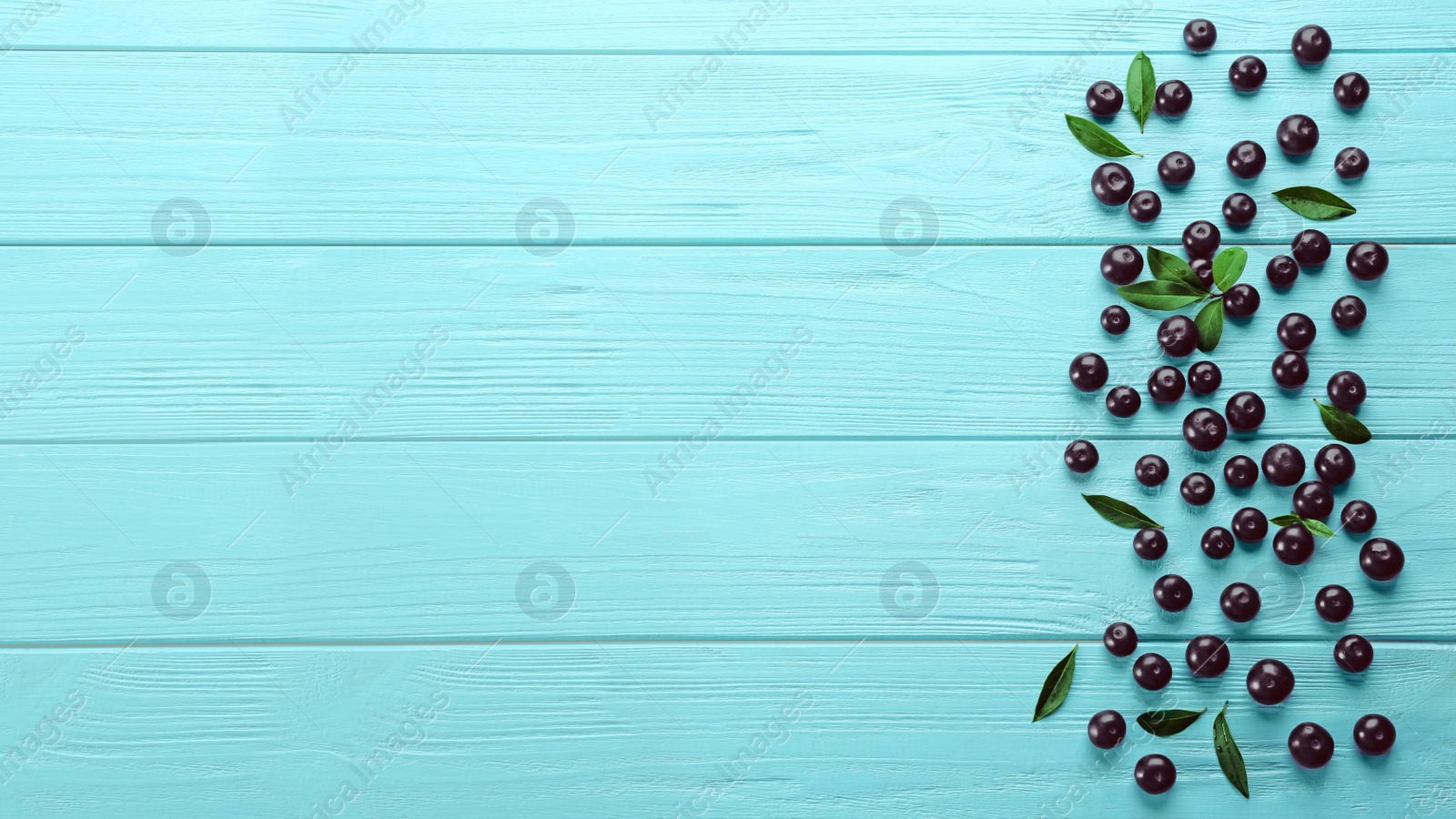 Photo of Fresh acai berries and green leaves on light blue wooden table, flat lay. Space for text