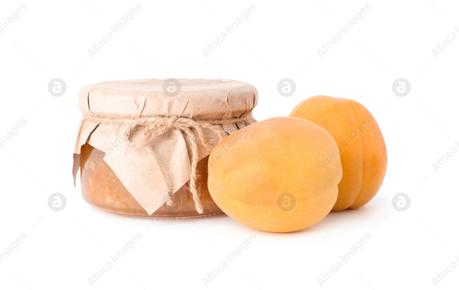 Photo of Jar of apricot jam and fresh fruits on white background