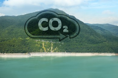 Image of Concept of clear air. CO2 inscription in illustration of cloud with arrow, beautiful mountain landscape and lake