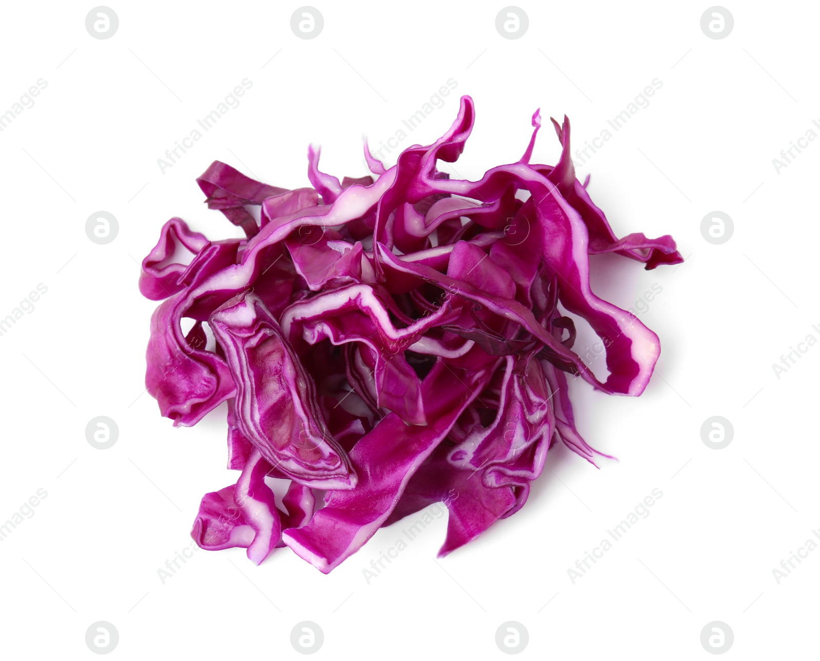 Photo of Pile of shredded red cabbage isolated on white, top view