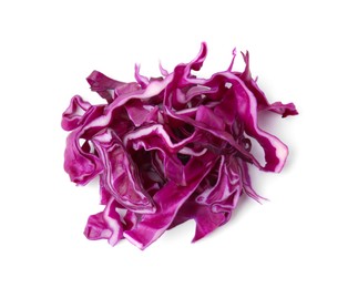 Photo of Pile of shredded red cabbage isolated on white, top view