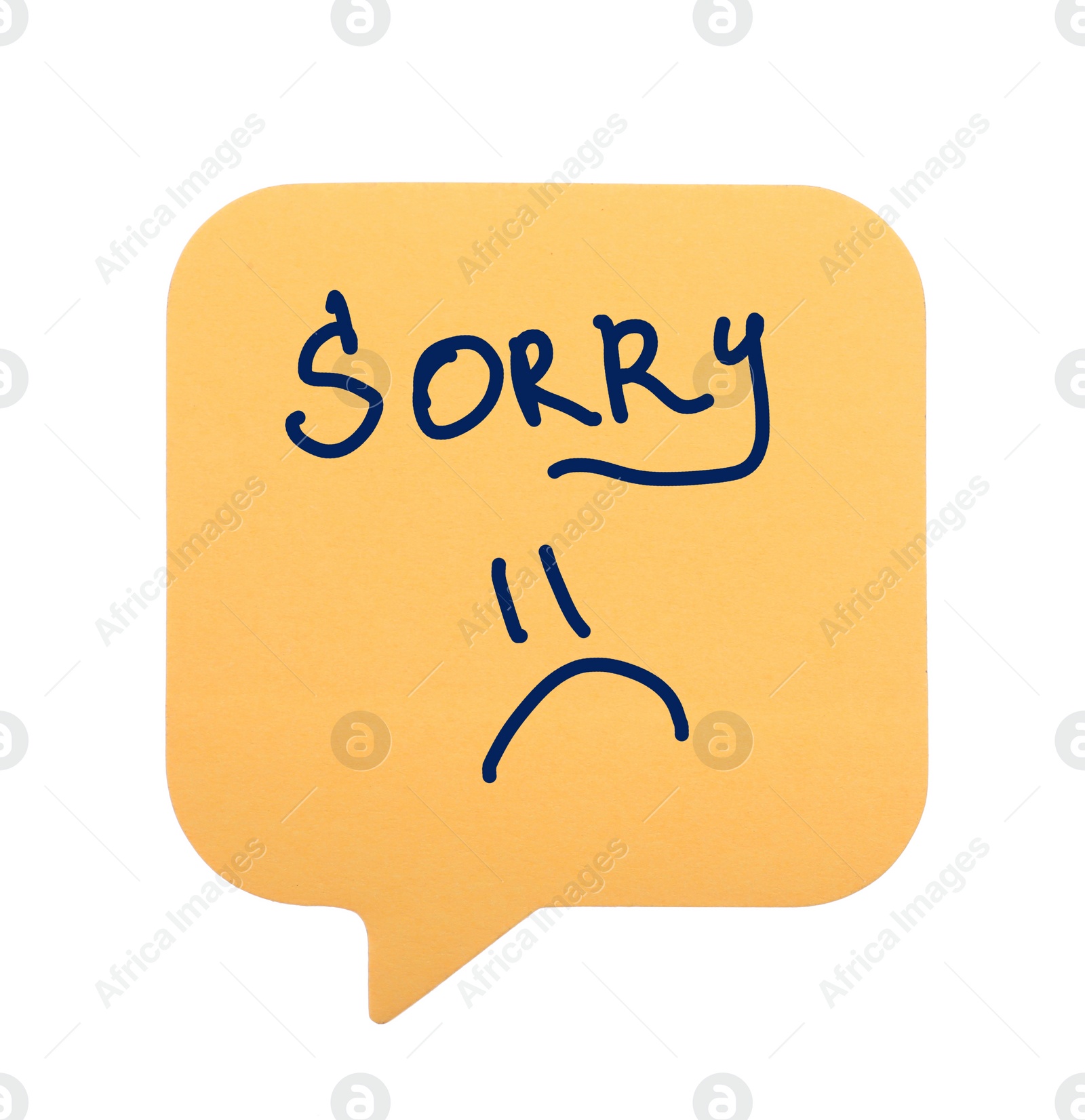 Image of Apology. Sticky note with word Sorry and drawn sad face on white background