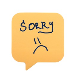 Image of Apology. Sticky note with word Sorry and drawn sad face on white background