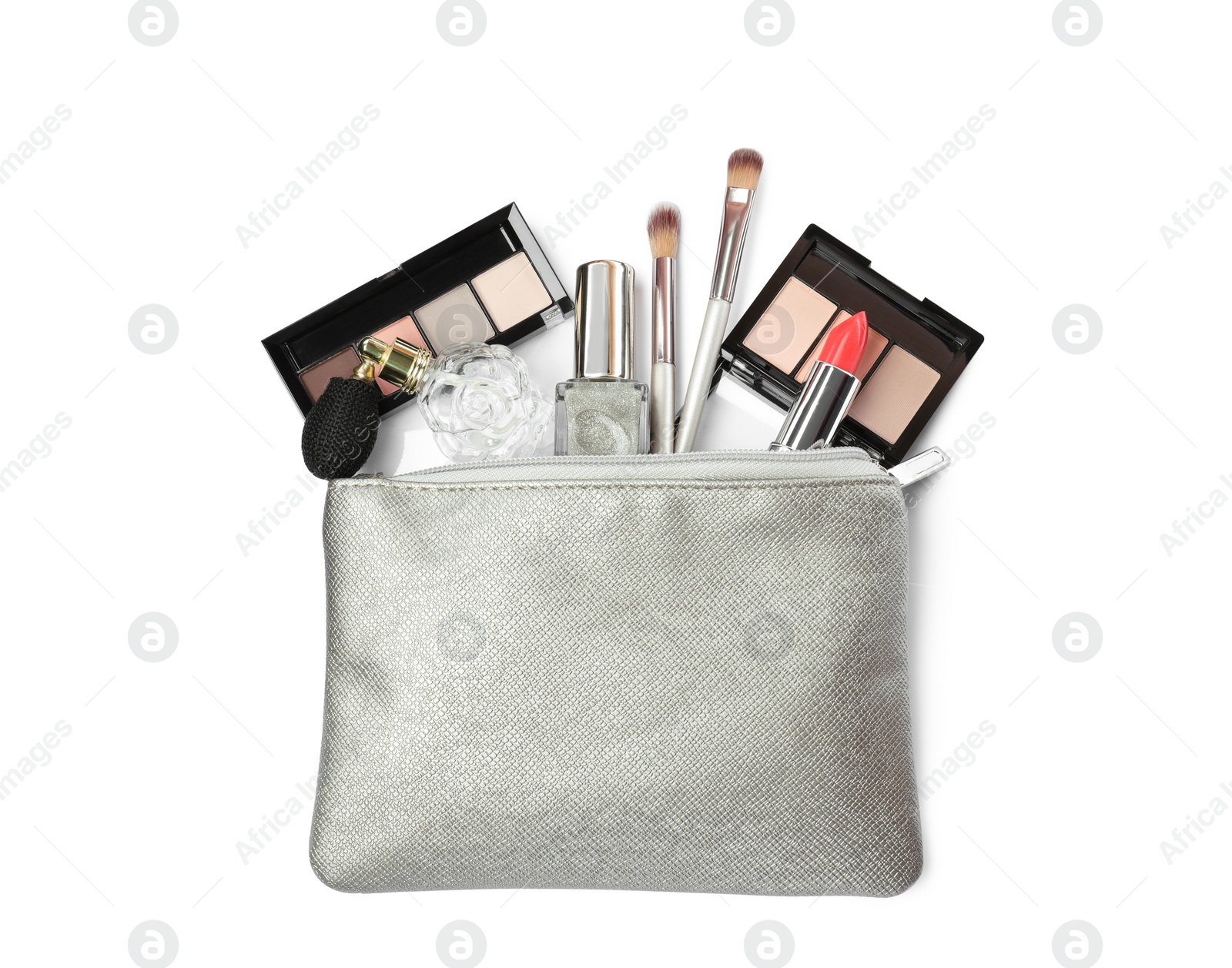 Photo of Stylish silver cosmetic bag with makeup products on white background, top view