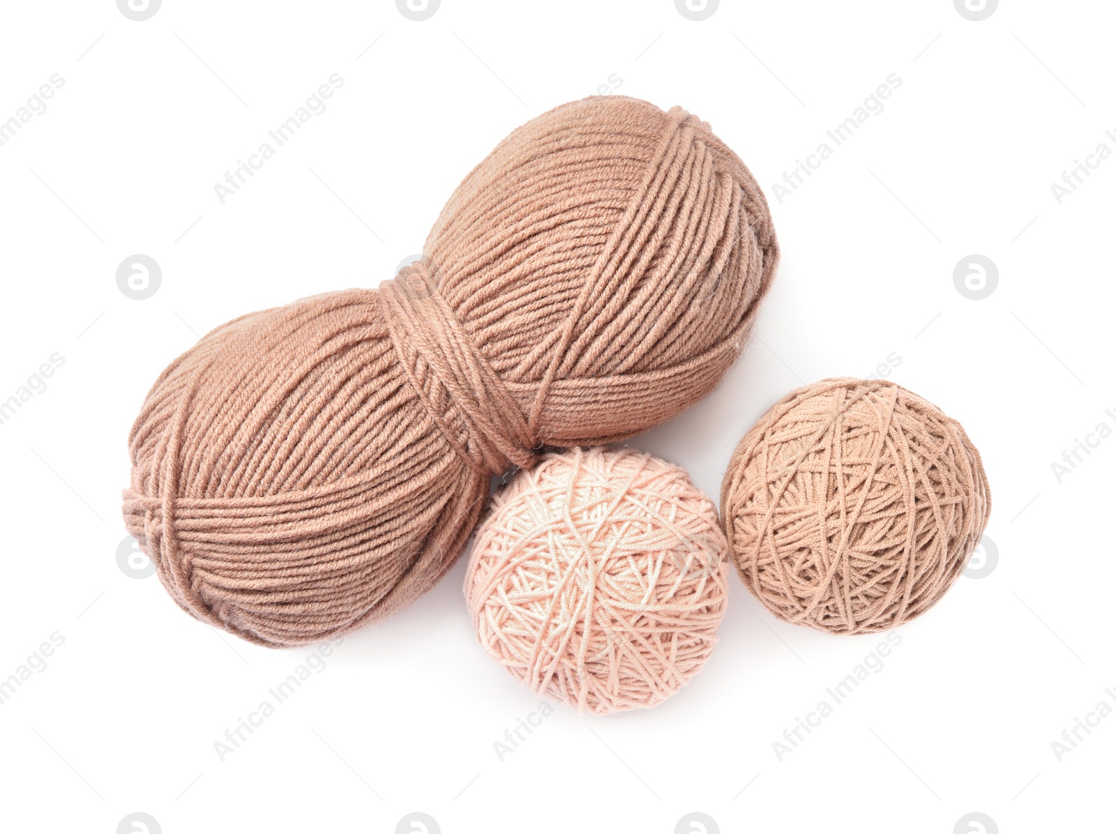 Photo of Soft colorful woolen yarns on white background, top view