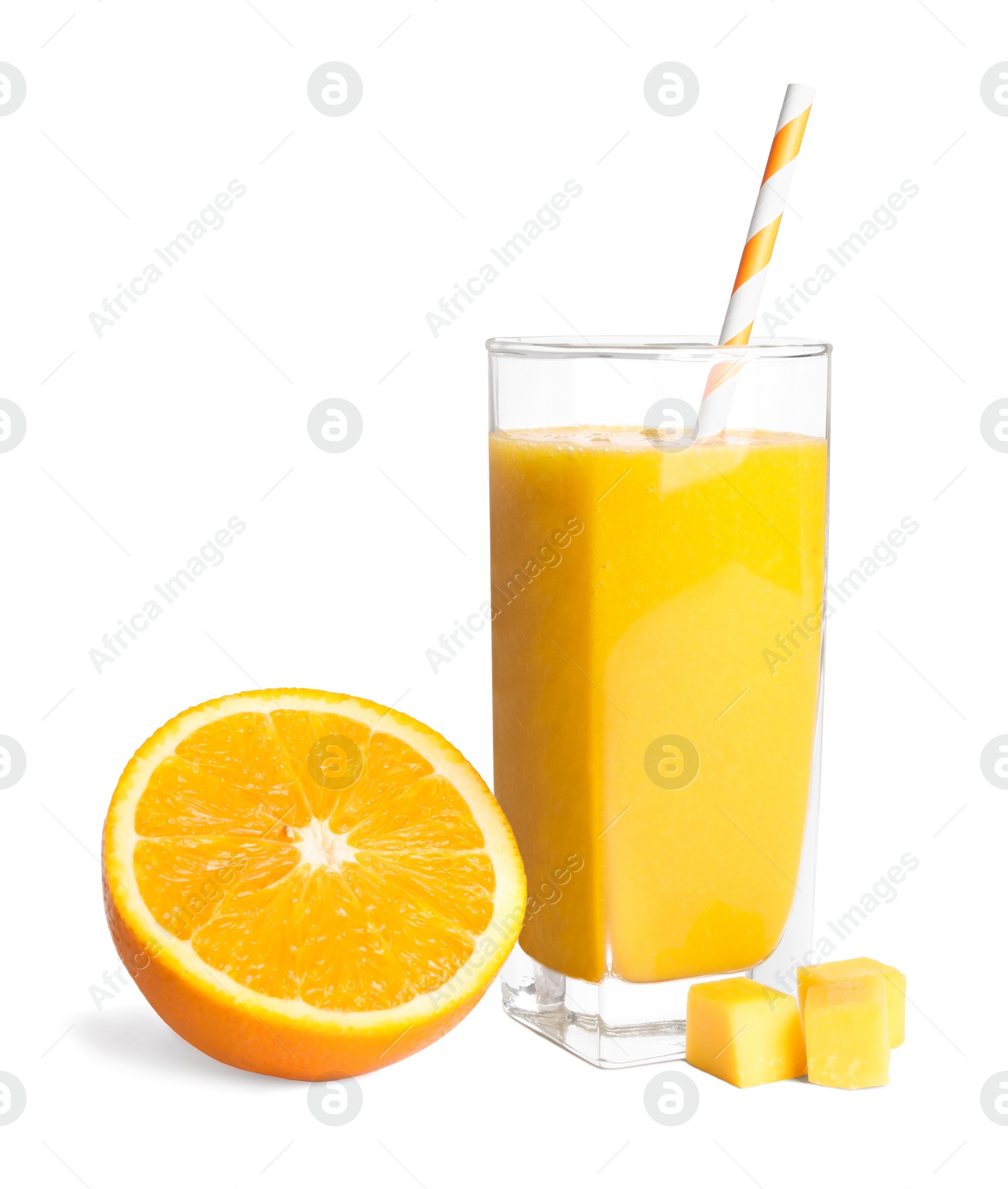 Photo of Glass of tasty smoothie and fresh fruits on white background