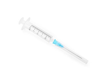 Photo of New medical syringe with needle isolated on white, top view