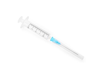 New medical syringe with needle isolated on white, top view