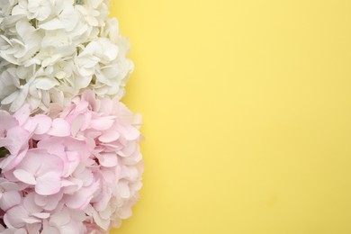 Photo of Beautiful pastel hydrangea flowers on yellow background, top view. Space for text