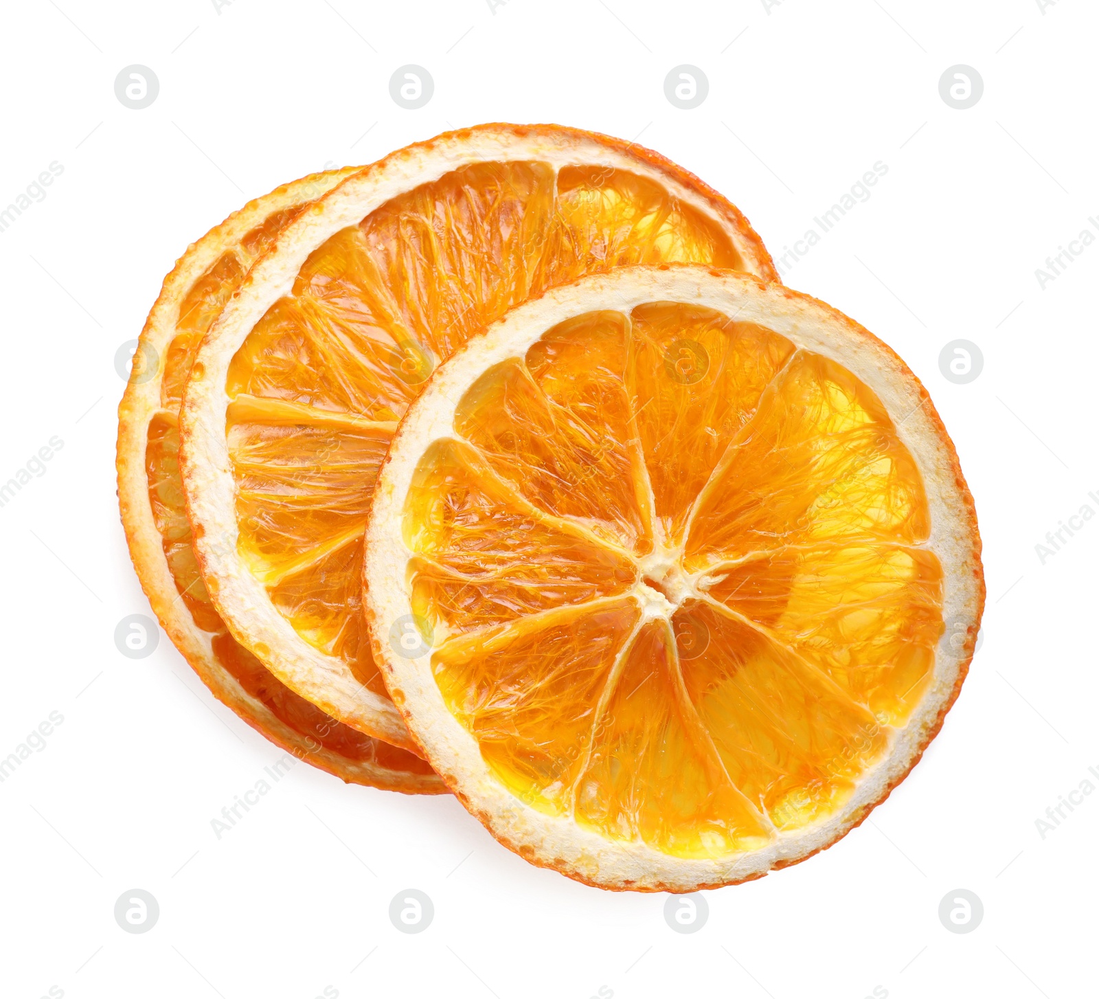 Delicious dry orange slices on white background, top view Photo of Delicious dry orange slices on white background, top view