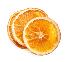 Photo of Delicious dry orange slices on white background, top view