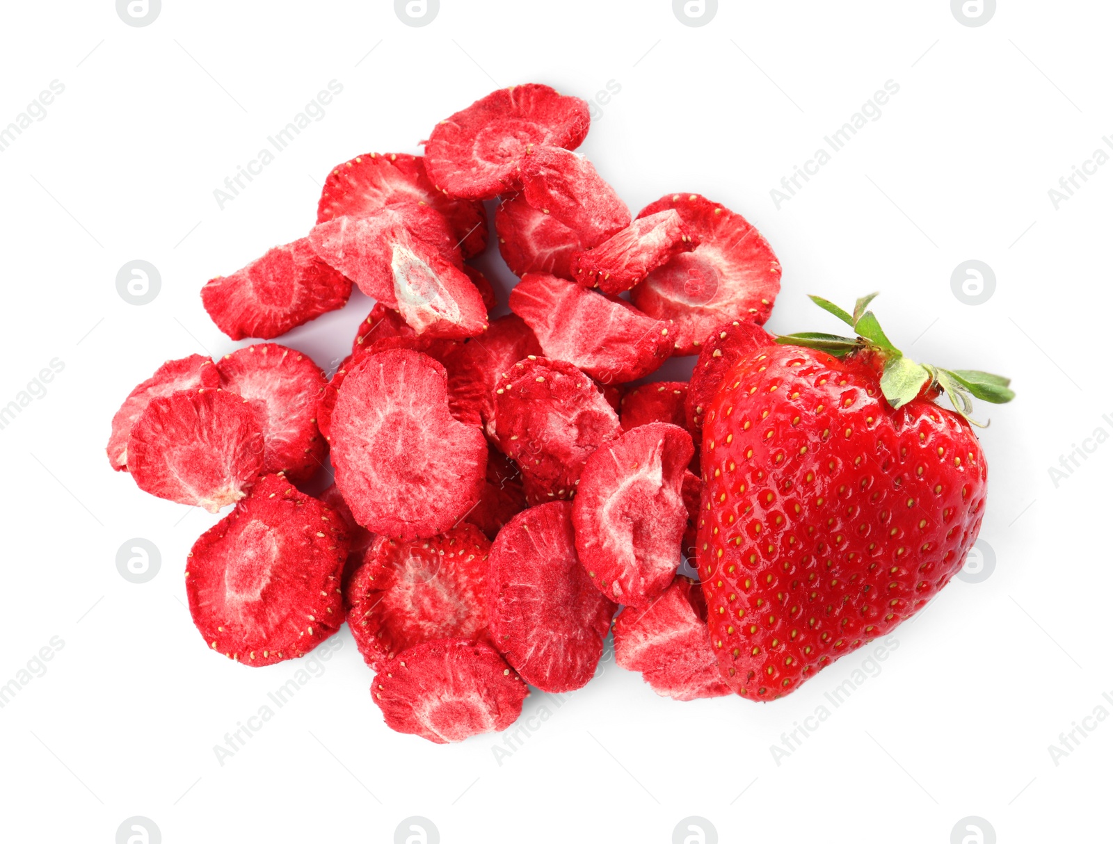 Photo of Sweet sublimated and fresh strawberries on white background, top view