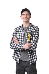 Photo of Young man holding hammer on white background