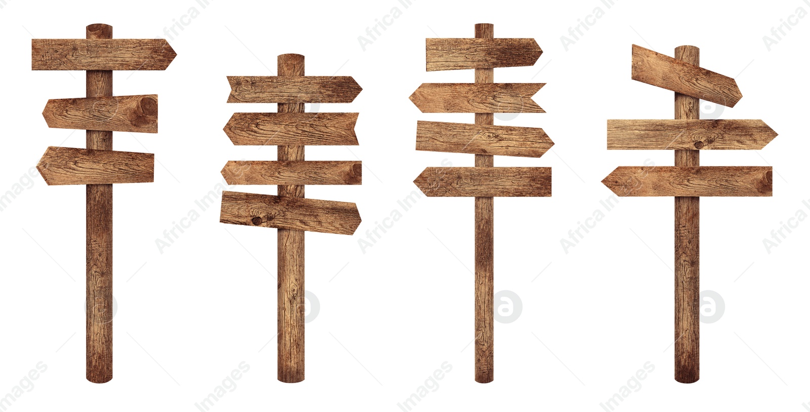 Image of Empty wooden road signs on white background