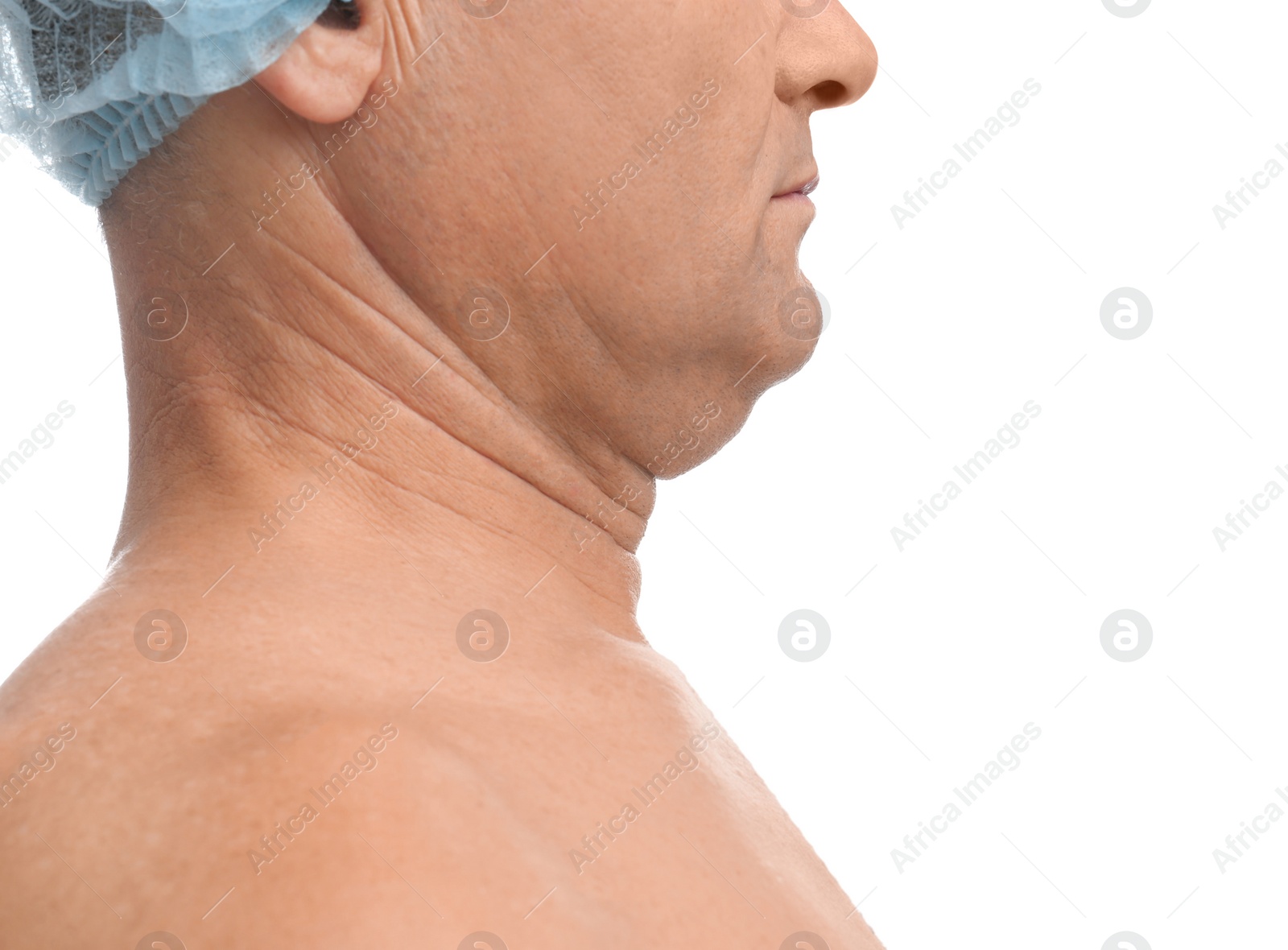 Photo of Mature man with double chin on white background, closeup