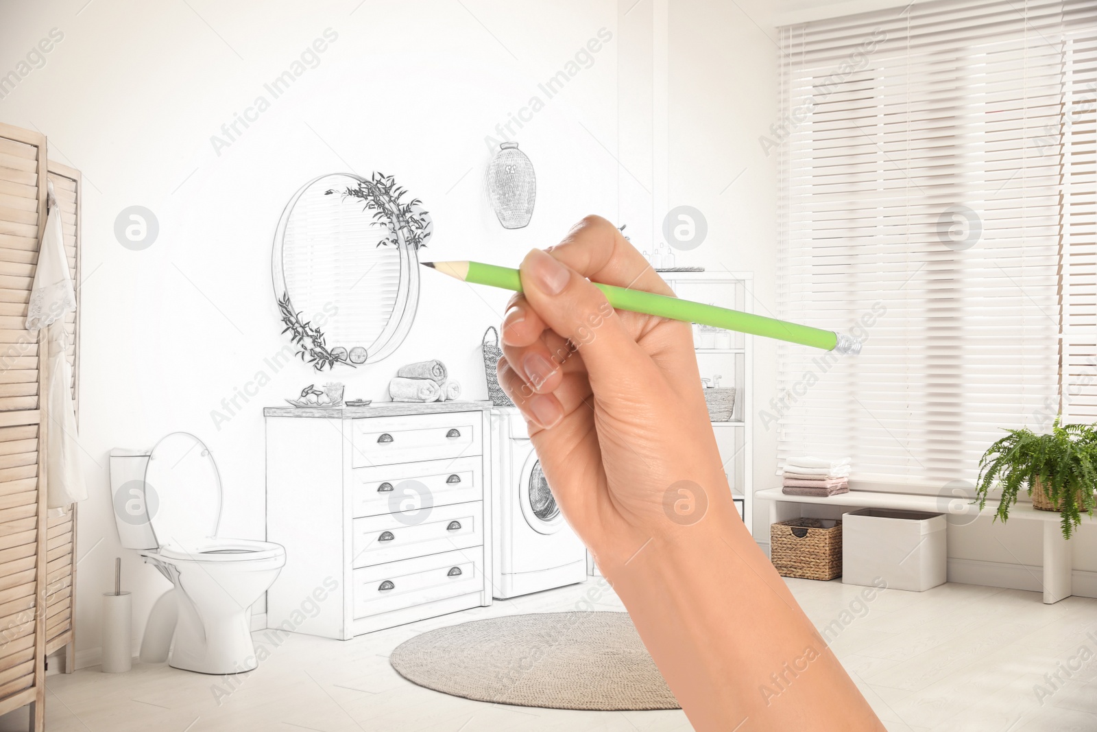 Image of Woman drawing bathroom interior design. Combination of photo and sketch