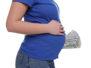 Surrogate mother. Pregnant woman with dollar banknotes on white background, closeup