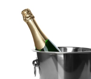 Photo of Bottle of champagne in bucket on white background