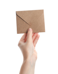 Woman holding kraft paper envelope on white background, closeup