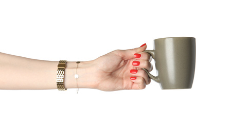 Photo of Woman holding cup on white background, closeup